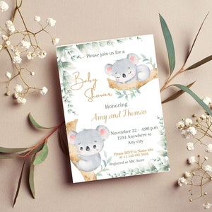Koala-Babyparty-Einladung, Koala-Babyparty-Einladungsvorlage zum Ausdrucken, Koala-Babyparty-Einladung digital in Canva bearbeitbar