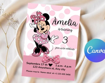 Invitation d'anniversaire Minnie mouse, modèle d'invitation d'anniversaire Minnie mouse imprimable, invitation Minnie mouse modifiable numériquement sur toile