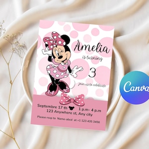 Invito di compleanno di Minnie Mouse, modello di invito di compleanno di Minnie Mouse stampabile, invito di Minnie Mouse modificabile digitalmente in canva