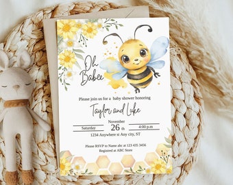 Biene-Babyparty-Einladung: Gelb mit Blumen, Geschlechtsneutral (digitaler Download)