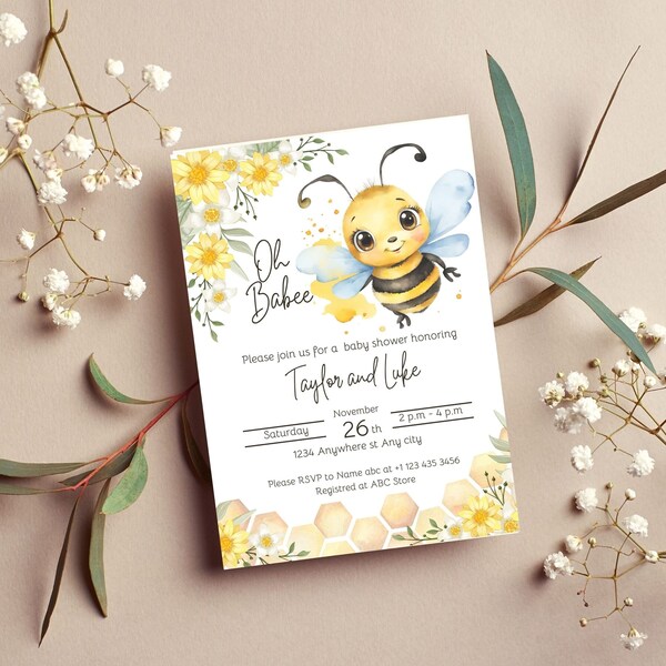 Bee baby shower Invitation, editable gender neutral baby shower Invitation Template printable, Honey Bee Yellow Floral Greenery