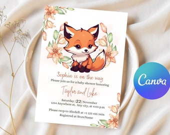 girl fox baby shower Invitation, forest baby shower Invitation template printable,  woodlad animal Baby Shower Invitation Template for girl