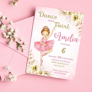 Invitación de cumpleaños de ballet, plantilla de invitación de cumpleaños de bailarina imprimible, invitación de bailarina de ballet editable digitalmente en Canva