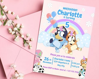 Invitación de cumpleaños de niña, plantilla de invitación de cumpleaños de perro con arcoíris imprimible, invitación de perro editable digitalmente en canva