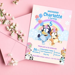 Girl Birthday Invitation, dog with rainbow Birthday Invitation Template printable, Dog invitation digitally editable in canva image 1