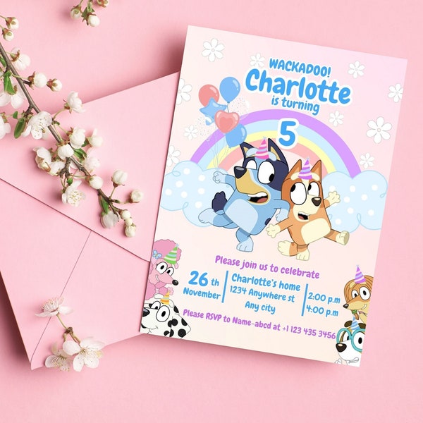 Invito di compleanno per ragazza, modello stampabile per invito di compleanno con cane con arcobaleno, invito per cane modificabile digitalmente in tela