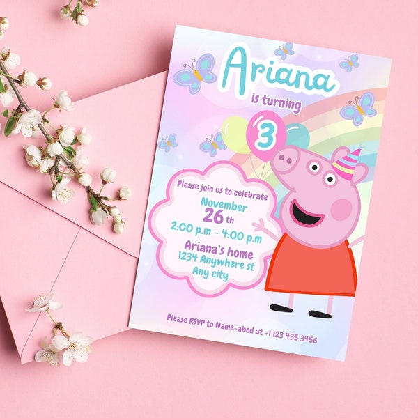 Pig Girl Birthday Invitation, pig Birthday Invitation Template printable, pig invitation digitally editable in canva