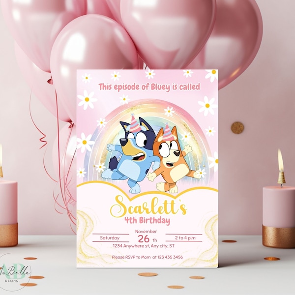 Invitation d'anniversaire Bluey, modèle d'invitation d'anniversaire fille imprimable, invitation Bluey pour fille modifiable numériquement sur toile BL05