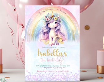 May include: A pink and purple unicorn with a rainbow and gold glitter background. The invitation says "A magical day is on the way" and "Please join us to celebrate Isabella's 6th birthday".