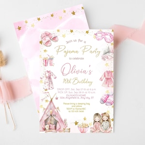 May include: Pink and gold invitation for a pajama party to celebrate Olivia's 10th birthday. The invitation features a tent, popcorn, slippers, and a sleep mask. The text reads "Join us for a Pajama Party to celebrate Olivia's 10th Birthday".