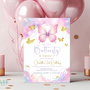 Invitation d'anniversaire papillon, evite de fête d'anniversaire papillon, modèle d'invitation de fête papillon modifiable or et violet, BTF01