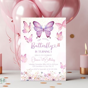 Verjaardagsuitnodiging vlinder, vlinder verjaardagsfeestje, bewerkbare sjabloon paarse vlinder feestuitnodiging, BTF03
