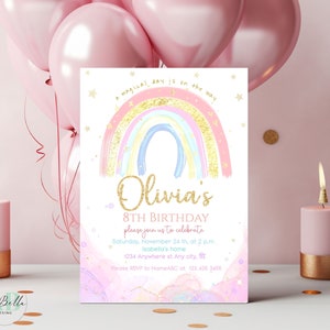 Rainbow Birthday Invitation, Rainbow Birthday Invitation Template printable, editable Boho Rainbow invitation RB05