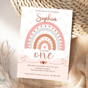 Rainbow Birthday Invitation, Rainbow Birthday Invitation Template printable, editable Boho Rainbow invitation