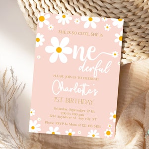 Invito per il primo compleanno a forma di margherita, modello di invito per il primo compleanno a forma di margherita, invito per la festa Boho Daisy modificabile, DSB01