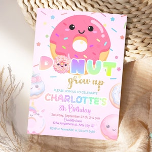 Faire-part d'anniversaire donut pour fille, modèle d'invitation d'anniversaire donut grandir imprimable, donut party evite DNT02