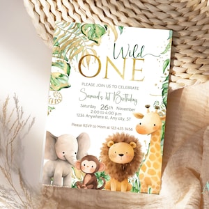 Safari-Geburtstags-Einladung, Dschungeltiere Einladungen, Wild One 1st Birthday Invite SF03