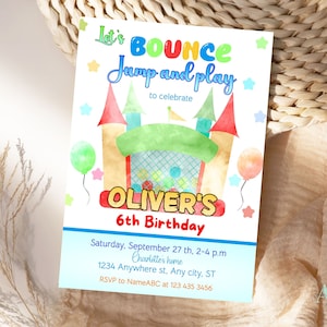 Bounce house Birthday Invitation, Let&#39;s bounce Birthday Invitation Template, Editable bounce party invitation BNC01