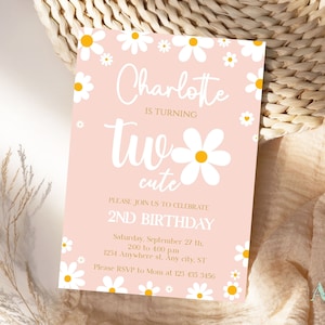 Daisy Flower verjaardagsuitnodiging, Daisy 2e verjaardagsuitnodiging sjabloon, bewerkbare Boho Daisy party evite, DSB01