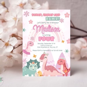 Dinosaur Birthday Invitation for girl, Pink Dinosaur Birthday Invitation Template printable, Girl Dinosaur party evite DN03
