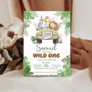 Convite de cumpleaños de Safari, convites de animais da selva, convite de primer cumpleaños de Wild One SF02