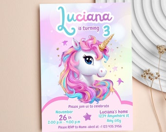 Unicorn Birthday Invitation, Unicorn Birthday Invitation Template printable, Unicorn invitation digitally editable in canva