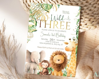 May include: A jungle-themed birthday invitation with a green, gold, and white color scheme. The invitation features a giraffe, lion, elephant, and monkey, and the text "Young Wild & Three. Please join us to celebrate Samuel's 3rd Birthday. Saturday 26th November 2:00 to 4:00 p.m. 1234 Anywhere st, Any city, ST. Please RSVP to Mom at 123 435 3456."