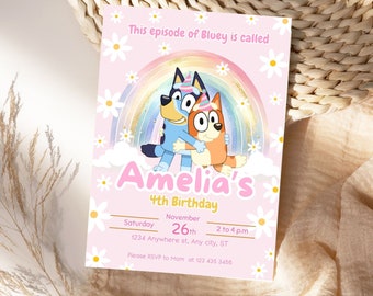 Girl Birthday Invitation, bluey Birthday Invitation Template printable, Dog invitation digitally editable in canva BL06