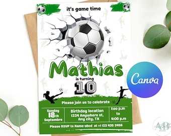 Soccer Birthday Invitation, Soccer Birthday Invitation Template printable, Soccer invitation digitally editable in canva
