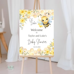 Bee Baby shower Segno di benvenuto, segno di benvenuto dell'ape mellifera, segno personalizzato verde floreale giallo BB01