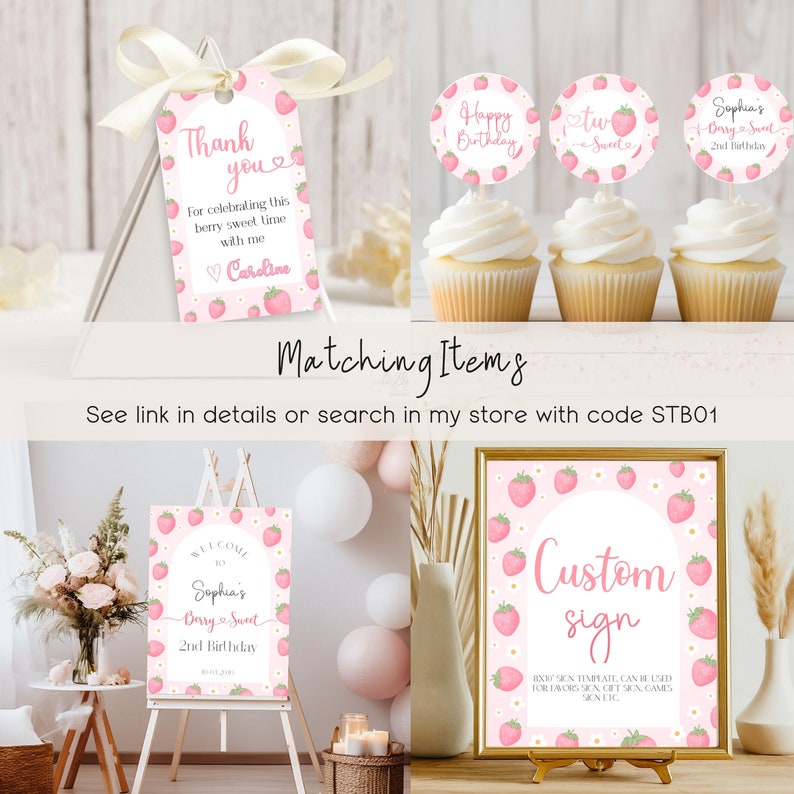 K&ouml;nnte beinhalten: Ein Set mit druckbaren Partydekorationen f&uuml;r einen zweiten Geburtstag mit Erdbeer-Motiv. Das Set beinhaltet ein Willkommens-Schild, ein individuelles Schild, Cupcake-Topper und ein Dankesch&ouml;n-Etikett. Die Dekorationen sind in einem rosa und wei&szlig;en Farbschema mit Erdbeeren und Blumen gehalten.