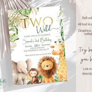 Pu&ograve; includere: Invito modificabile per una festa di compleanno di secondo anno per un bambino con tema giungla. L'invito presenta uno schema di colori verde e oro con illustrazioni di una girafa, un leone, una scimmia e un elefante. Il testo dell'invito recita "Two Wild" e include il nome del bambino, la data, l'ora e il luogo della festa.