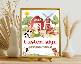 Pode incluir: Modelo de sinal imprimível de 8x10 polegadas com uma ilustração em aquarela de um celeiro vermelho, um moinho de vento e animais de fazenda. O texto "Custom sign" está escrito em vermelho. O sinal é ideal para favores, presentes, jogos ou outros eventos.
