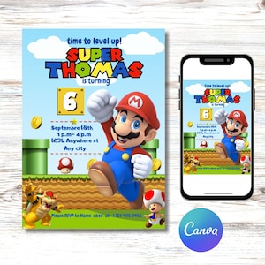 Może przedstawiać: Zaproszenie na urodziny z postacią z kresk&oacute;wki z serii gier wideo Super Mario. Zaproszenie jest dla chłopca imieniem Tomasz, kt&oacute;ry kończy sześć lat. Zaproszenie zawiera tekst "time to level up!" i "Super Thomas is turning 6". Zaproszenie zawiera r&oacute;wnież datę i godzinę imprezy, a także adres. Zaproszenie jest zaprojektowane tak, aby wyglądało jak poziom gry wideo.