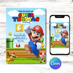 Mario Bros Birthday Invitation, Super Mario Bros Invite, Mario Bros invitation template digitally editable in canva image 2