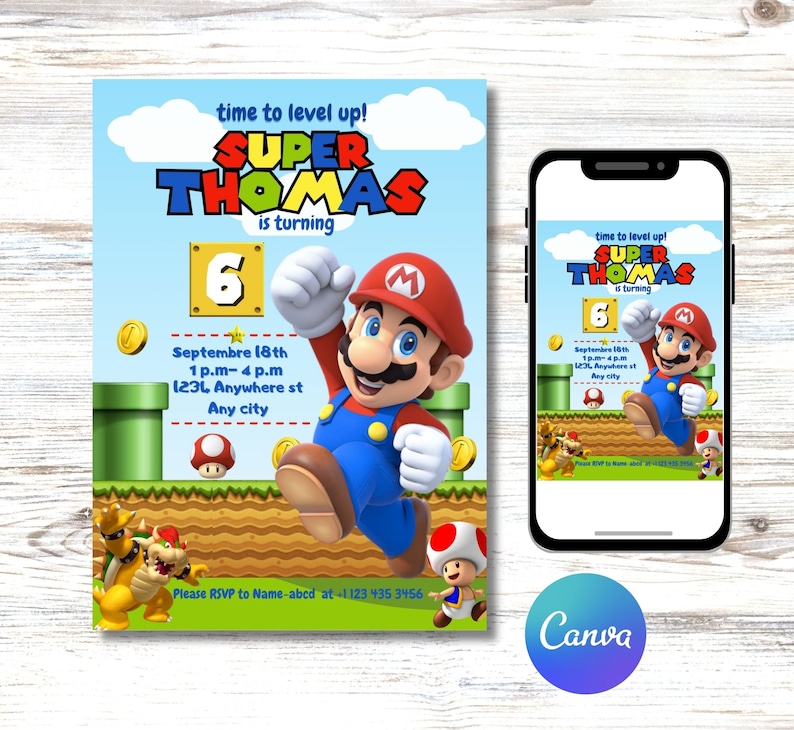 Może przedstawiać: Zaproszenie na urodziny z postacią z kresk&oacute;wki z serii gier wideo Super Mario. Zaproszenie jest dla chłopca imieniem Tomasz, kt&oacute;ry kończy sześć lat. Zaproszenie zawiera tekst "time to level up!" i "Super Thomas is turning 6". Zaproszenie zawiera r&oacute;wnież datę i godzinę imprezy, a także adres. Zaproszenie jest zaprojektowane tak, aby wyglądało jak poziom gry wideo.