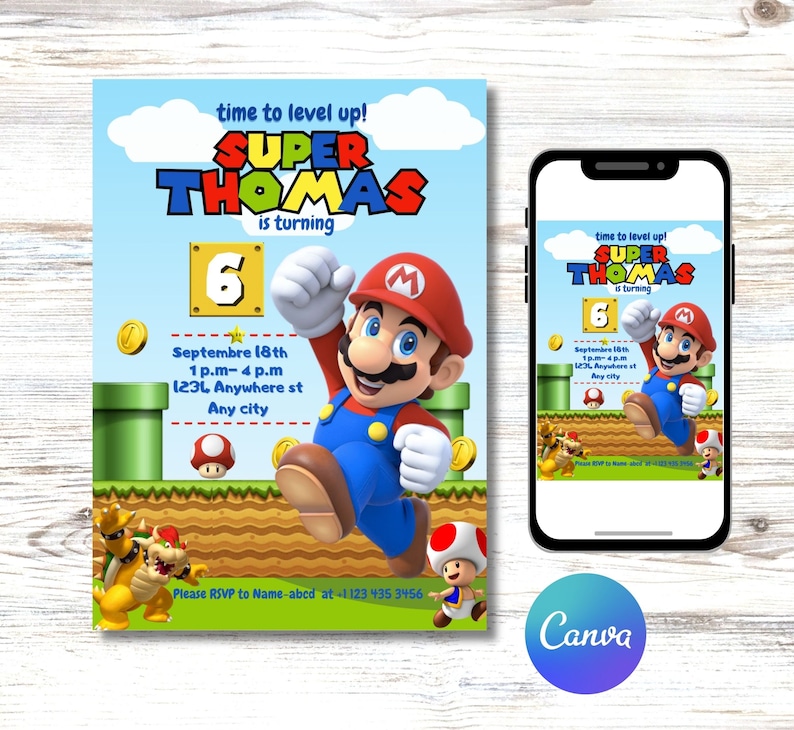 Mario Bros Birthday Invitation, Super Mario Bros Invite, Mario Bros invitation template digitally editable in canva image 2