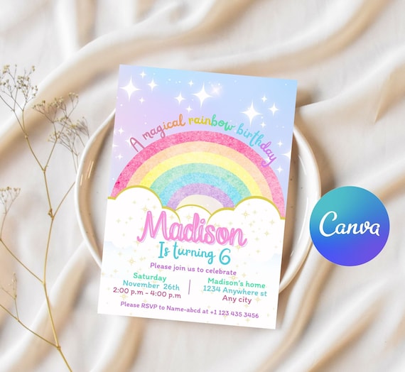 Rainbow Birthday Invitation Template: Editable Clouds (Digital Download)