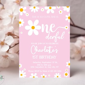 Invito per il primo compleanno a forma di margherita, modello di invito per il primo compleanno a forma di margherita, invito per la festa Boho Daisy modificabile, DSB02