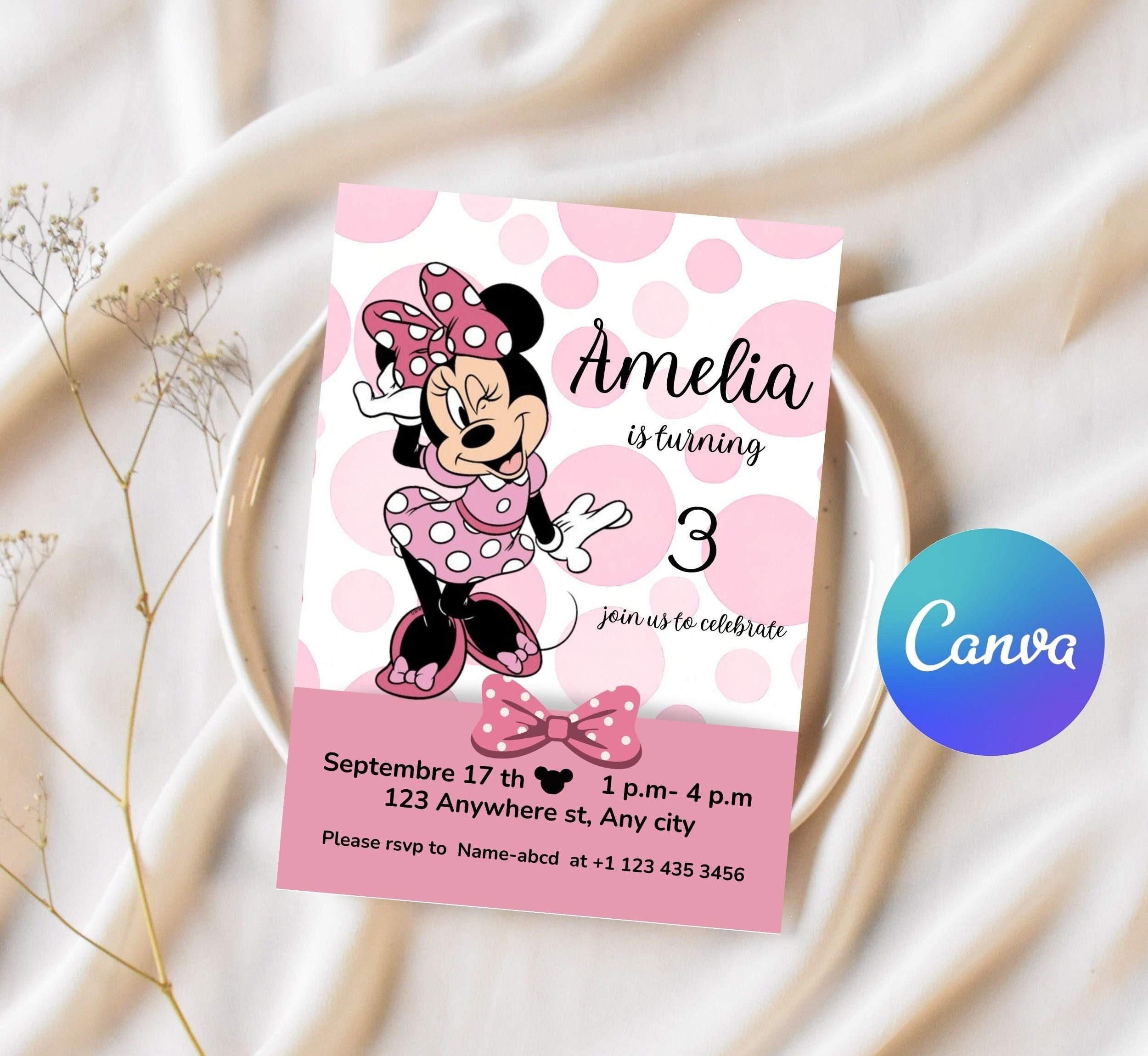 Minnie mouse Birthday Invitation, Minnie mouse Birthday Invitation Template printable, Minnie mouse invitation digitally editable in canva