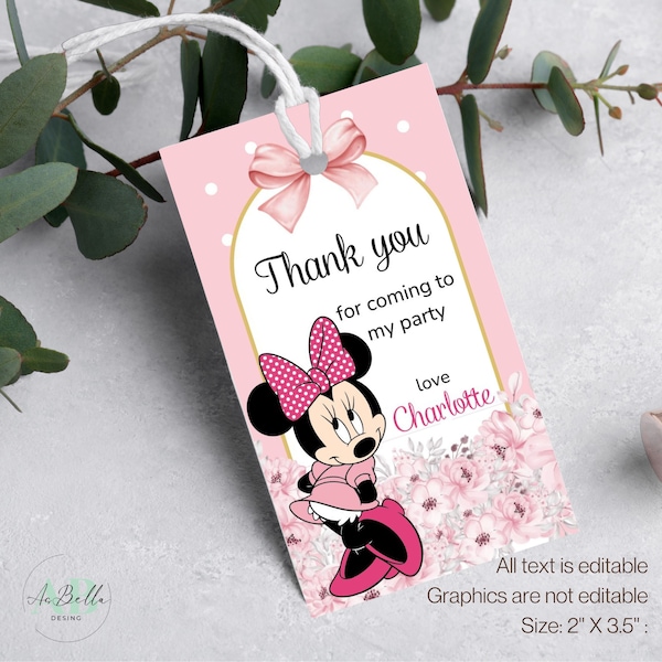 Minnie mouse favours tag template, editable Minnie mouse thank you tag template MN02