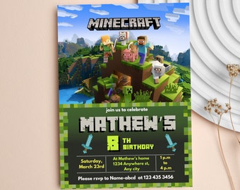 Minecraft verjaardagsuitnodiging, Gamer verjaardagsuitnodiging, Minecraft uitnodigingssjabloon digitaal bewerkbaar in canva