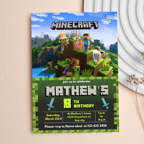 Invitación de cumpleaños de Minecraft, invitación de cumpleaños de jugador, plantilla de invitación de Minecraft editable digitalmente en canva