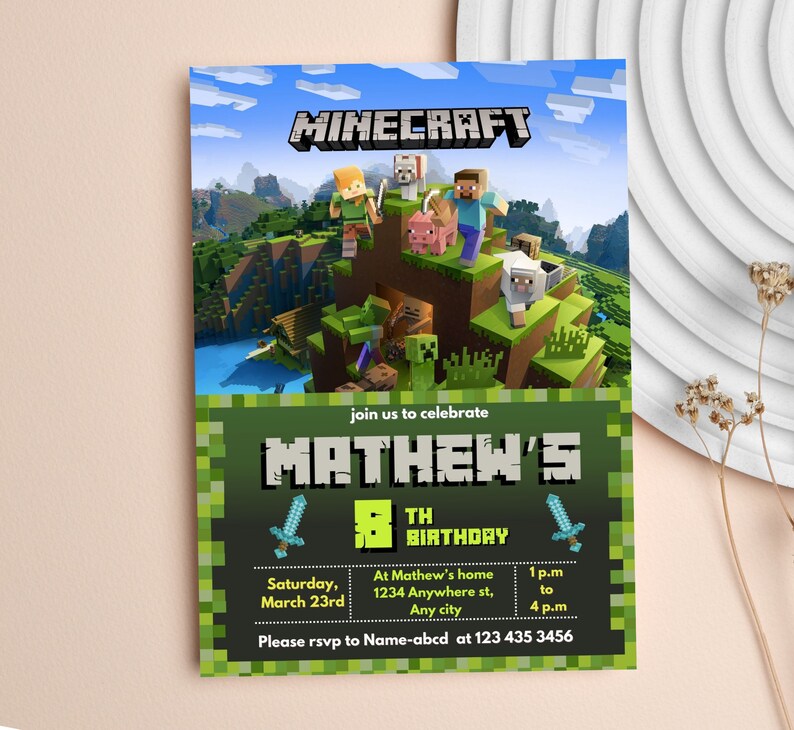 Minecraft Birthday Invitation, Gamer Birthday Invite, Minecraft invitation template digitally editable in canva image 1