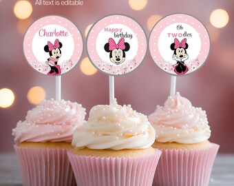 Editable Minnie mouse cupcake toppers, Minnie mouse cupcake toppers digitally editable in canva MN02