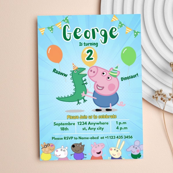 George Birthday Invitation,  pig Birthday Invitation Template printable, George invitation digitally editable in canva