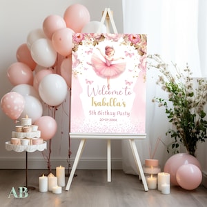 Plantilla editable de cartel de bienvenida de cumpleaños de ballet, Cartel personalizado de bailarina de ballet, Cartel de bienvenida de fiesta de ballet BT01