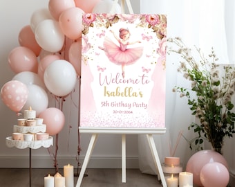 Könnte beinhalten: Rosa-goldenes Willkommens-Schild mit einer Ballerina-Illustration, Blumen und Schmetterlingen. Das Schild lautet "Willkommen zu Isabellas 5. Geburtstagsparty 20-01-2064".
