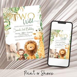 Pu&ograve; includere: Un invito stampabile per il secondo compleanno di un bambino. L'invito presenta un tema giungla con una giraffa, un leone, una scimmia e un elefante. Il testo dell'invito recita "Two Wild" e include il nome del bambino, la data, l'ora e il luogo della festa. L'invito &egrave; anche disponibile come file digitale che pu&ograve; essere condiviso online.