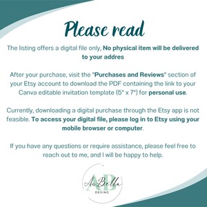 May include: Text on a teal background with the words "Please read" in a large font. The text explains that the listing is for a digital file only and that no physical item will be delivered. It also explains how to download the file after purchase and how to access it if you are using the Etsy app. The text ends with a message saying that the seller is happy to help if you have any questions.